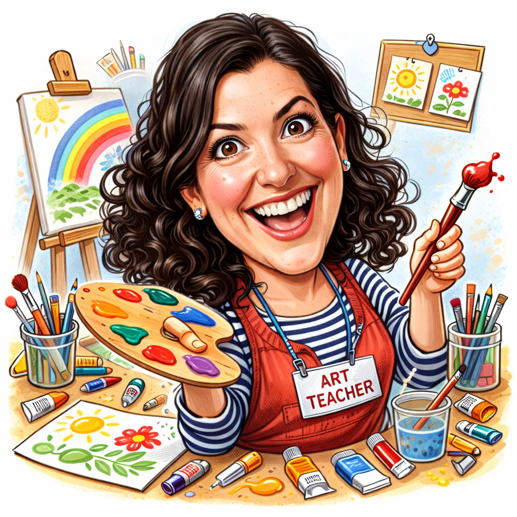 Illustrated caricature of Sarah Adams in her art classroom